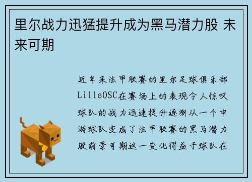 里尔战力迅猛提升成为黑马潜力股 未来可期